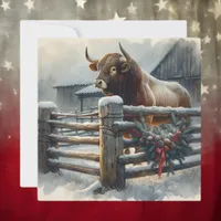 Cute Bull on a  Rustic Farm Christmas Holiday Card