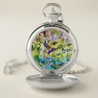 Handpainted Elegant Feminine Eyes Colorful Leaves  Pocket Watch