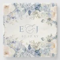 Elegant Modern Botanical Dusty Blue Floral Wedding Stone Coaster