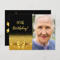 Black gold photo bow 80th birthday invitation