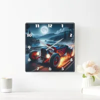 A classic hot rod racing by the moonlit lake square wall clock