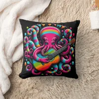 Colorful Octopus Playing Guitar in Vibrant Setting Throw Pillow