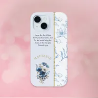 Modern Blue White Floral Bible Verse iPhone 15 Case