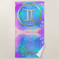 Zodiac Sign Gemini Gold, Colorful Background | Beach Towel