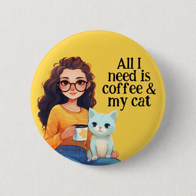 Happiness is Coffee & Cat Cute Yellow Button