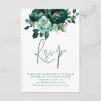  Emerald Gold Flowers Script QR Code Wedding Enclosure Card