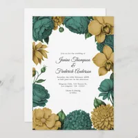 Emerald Green & Gold Watercolor Floral Wedding Invitation
