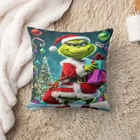 The Grinch in Santa outfit with colorful gifts Throw Pillow