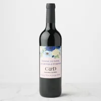 Navy Royal Bue Wedding Watercolor Ivory Flowers Wine Label