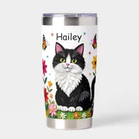 Black and White Cat, Flowers and Butterflies   Insulated Tumbler