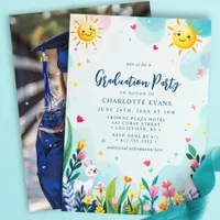 Cute Sun Bunny Floral Kindergarten Graduation Invitation