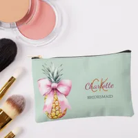 Pink bow pineapple tropical sage green bridesmaid accessory pouch