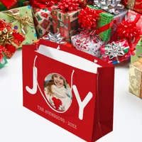 Christmas red joy photo simple elegant large gift bag