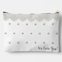 Elegant Lace and Pearls White Cosmetic Accessory Pouch