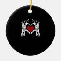 Skeleton Hands Form A Heart With Red Heart Bright  Ceramic Ornament