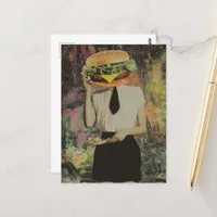 Surreal Cheeseburger Woman Holds Salad Plate Postcard