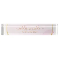 Script Blush Pink Watercolor Gold Circle Business Desk Name Plate