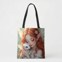 Pretty Red Haired Fairy with Dragon Tote Bag