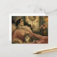 The Beautiful Retro Sleepy Queen and her Cat Postcard
