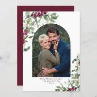 Elegant Burgundy Greenery Arch Christmas Photo Holiday Card