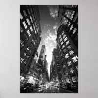 Looking skyward in a skyscraper canyon B&W photo Poster