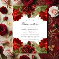 Burgundy Red and Gold Vintage Roses Quinceañera Invitation