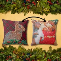 Rustic Holiday Rabbit and Squirrel Double-Sided Throw Pillow