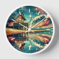 Log Cabin on the Beach Ai Art   Clock