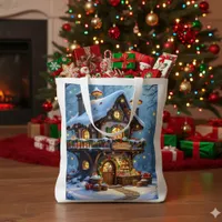 Whimsical Santa's Workshop Christmas   Grocery Bag