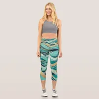 Modern Abstract Ocean Turquoise Nautical Sea Wave Capri Leggings