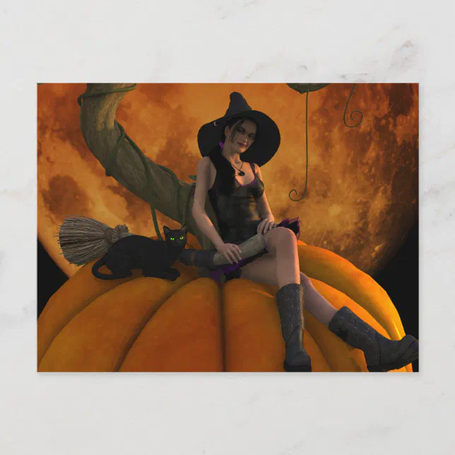 Witch and Cat on Giant Pumpkin  Postcard