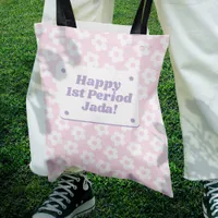 Teen Girl First Period Pastel Pink Flower Pattern Tote Bag