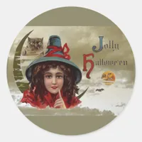 Vintage Jolly Halloween Witch Round Sticker