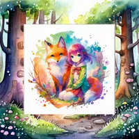 Pretty Watercolor Anime Girl and Fox Metal Print