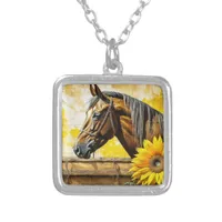 Horse and Sunflower Beautiful AI Art  Silver Plated Necklace