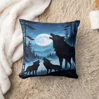 Howling Wolves Under Full Moon.  Throw Pillow