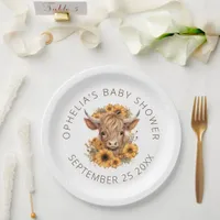 Cute Highland Cow Rustic Sunflowers Baby Shower Paper Plates