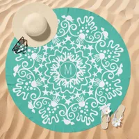 Ocean Life Mandala Monogram Seafoam Green Beach Towel