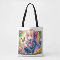 Anime Girl and Butterfly Watercolor Personalized Tote Bag