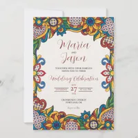 Mexican Colorful Floral Folk Art Flowers Wedding Invitation
