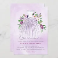 Purple Silver glitter Floral Dress Quinceañera Invitation