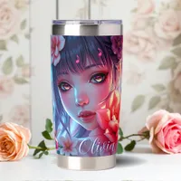 Beautiful Anime Girl Glitchcore Floral Insulated Tumbler