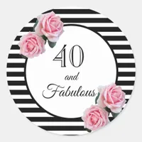 40 fabulous birthday black stripes pink florals classic round sticker