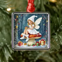 Christmas Fairy atop a Mushroom Cottage Core Metal Ornament