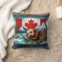 Beaver Building Dam Near Canadian Flag Throw Pillow