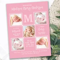 Modern 5 Photo Collage Newborn Baby Pink Birth Announcement Postcard
