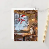 Cute Christmas Ghost Serves Cat in a Coffee shop Postcard