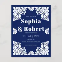 Mexican Navy Blue Talavera Wedding Save the Date Announcement Postcard