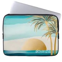 Cute Boho Gold Abstract Beach Landscape With Name Laptop Sleeve