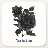 Vintage Gothic Black Roses Personalized Square Paper Coaster